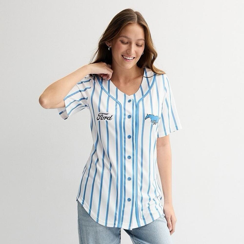 FORD MUSTANG Women’s Baseball Jersey 64 Small Car Race White Blue Stripe USA